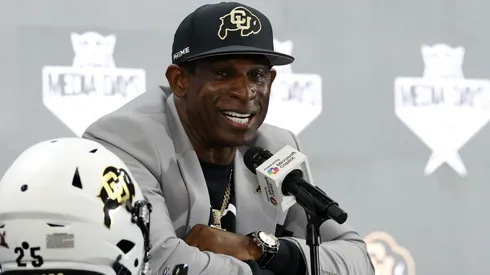 Head coach Deion Sanders of the Colorado Buffaloes speaks with the media during the Big 12 Media Days at The Ford Center at The Star on July 09, 2025 in Frisco, Texas.