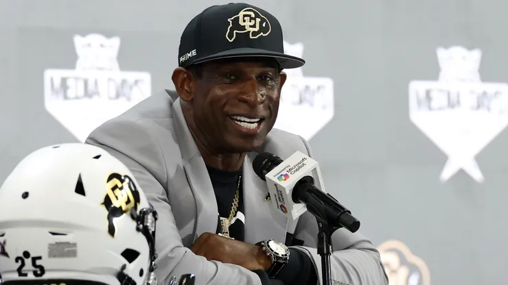 Head coach Deion Sanders of the Colorado Buffaloes speaks with the media during the Big 12 Media Days at The Ford Center at The Star on July 09, 2025 in Frisco, Texas.
