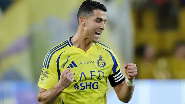 Cristiano Ronaldo of Al Nassr celebrates scoring his team's first goal during the Saudi Pro League match between Al Nassr v Al Riyadh at Al-Awwal Park on April 12, 2025 in Riyadh, Saudi Arabia.