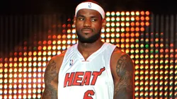 LeBron James #6 of the Miami Heat is introduced during a welcome party at American Airlines Arena.