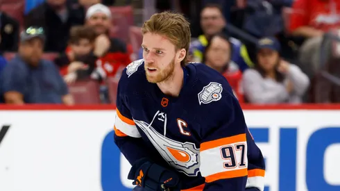 Connor McDavid #97 of the Edmonton Oilers competes in the Honda NHL Accuracy Shooting during the 2023 NHL All-Star Skills Competition at FLA Live Arena on February 03, 2023 in Sunrise, Florida.