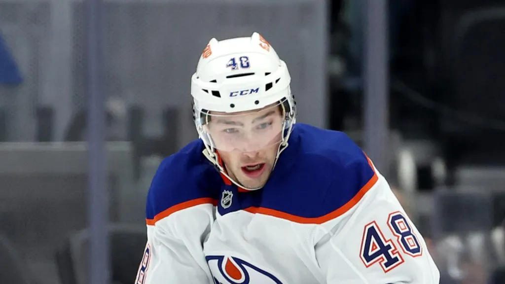 Noah Philp #48 of the Edmonton Oilers skates against the Seattle Kraken at Climate Pledge Arena on October 02, 2024 in Seattle, Washington.
