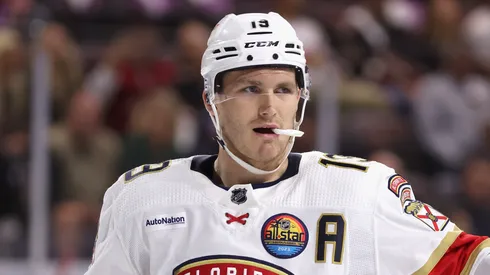 Matthew Tkachuk #19 of the Florida Panthers during the NHL game at Mullett Arena on November 01, 2022 in Tempe, Arizona.