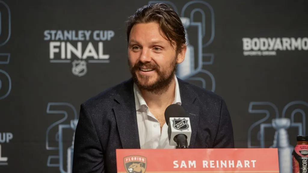 Sam Reinhart #13 of the Florida Panthers addresses the media following Game Five of the 2025 Stanley Cup Final against the Edmonton Oilers at Rogers Place on June 14, 2024 in Edmonton, Alberta, Canada.