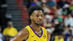 Bronny James #9 of the Los Angeles Lakers stands on the court during a break in the second half of a 2025 NBA Summer League game against the New Orleans Pelicans