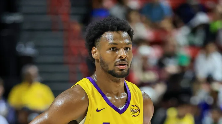 Bronny James #9 of the Los Angeles Lakers stands on the court during a break in the second half of a 2025 NBA Summer League game against the New Orleans Pelicans