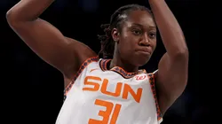 Tina Charles #31 of the Connecticut Sun looks to pass in the second half against the New York Liberty at Barclays Center on June 01, 2025.