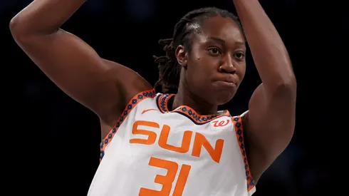 Tina Charles #31 of the Connecticut Sun looks to pass in the second half against the New York Liberty at Barclays Center on June 01, 2025.