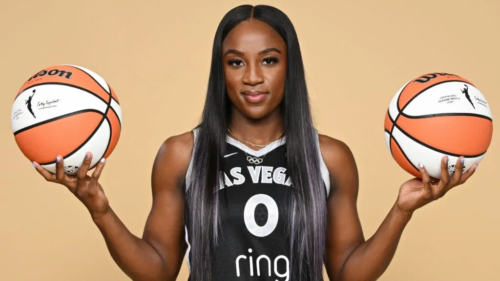 Jackie Young #0 of the Las Vegas Aces poses for a portrait during the team’s media day at Vu Studios on May 08, 2025. (Source: Candice Ward/Getty Images)