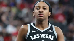 Jackie Young #0 of the Las Vegas Aces walks on the court in the second quarter of a game against the Indiana Fever at T-Mobile Arena on June 22, 2025.