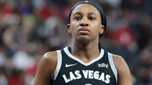 Jackie Young #0 of the Las Vegas Aces walks on the court in the second quarter of a game against the Indiana Fever at T-Mobile Arena on June 22, 2025.