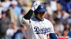 Shohei Ohtani #17 of the Los Angeles Dodgers reacts after striking out with the bases loaded.