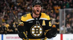 David Pastrnak #88 of the Boston Bruins celebrates after scoring against the Ottawa Senators during the third period at TD Garden on January 23, 2025 in Boston, Massachusetts. The Bruins defeat the Senators 2-0.