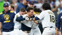 Isaac Collins #6 of the Milwaukee Brewers celebrates his walk-off home run with Anthony Seigler #18 in the ninth inning against the New York Mets.