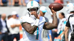Tua Tagovailoa #1 of the Miami Dolphins warms up prior to the game against the Chicago Bears during the NFL Preseason 2025 game at Soldier Field on August 10, 2025 in Chicago, Illinois.
