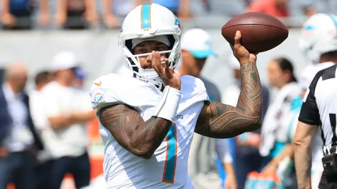 Tua Tagovailoa #1 of the Miami Dolphins warms up prior to the game against the Chicago Bears during the NFL Preseason 2025 game at Soldier Field on August 10, 2025 in Chicago, Illinois.