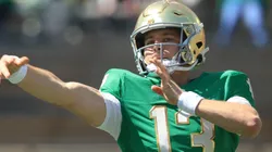 CJ Carr #13 of the Notre Dame Fighting Irish throws a pass during the 94th Annual Notre Dame Blue-Gold Spring Game at Notre Dame Stadium on April 12, 2025 in South Bend, Indiana.