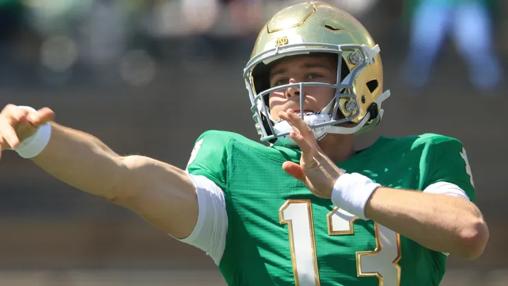 CJ Carr #13 of the Notre Dame Fighting Irish throws a pass during the 94th Annual Notre Dame Blue-Gold Spring Game at Notre Dame Stadium on April 12, 2025 in South Bend, Indiana.