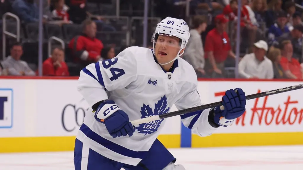 Mikko Kokkonen #84 of the Toronto Maple Leafs plays against the Detroit Red Wingsduring a pre season game at Little Caesars Arena on October 03, 2024 in Detroit, Michigan.