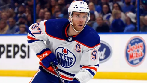 Connor McDavid #97 of the Edmonton Oilers skates against the Tampa Bay Lightning at Amalie Arena on November 18, 2023 in Tampa, Florida.