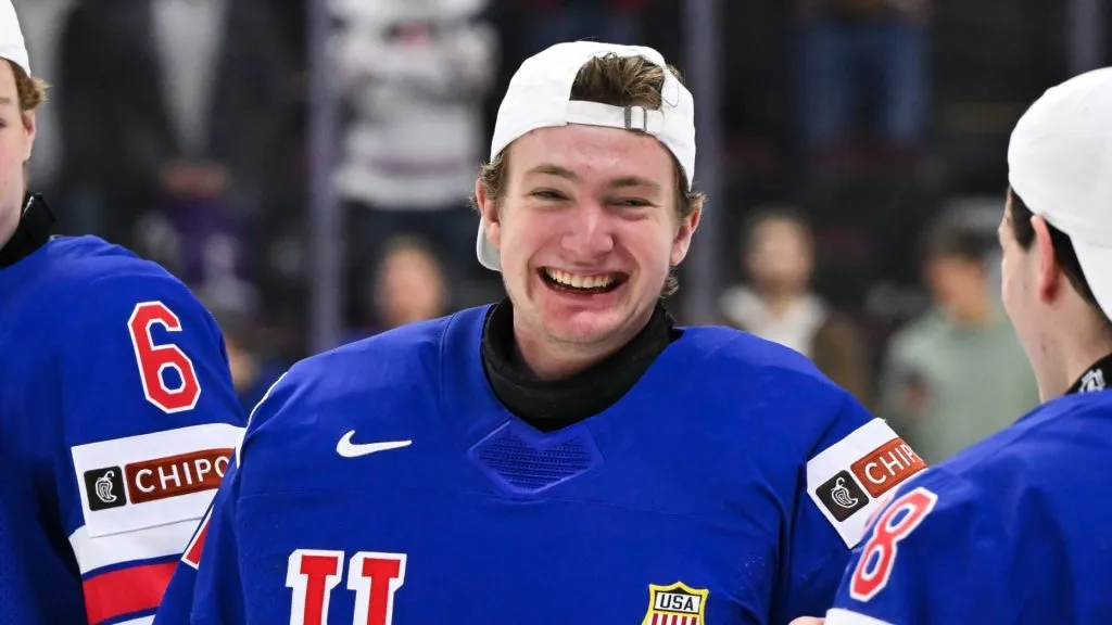Trey Augustine #1 of Team USA celebrates an overtime victory against Team Finland to win gold during the 2025 IIHF World Junior Championship at Canadian Tire Centre on January 5, 2025 in Ottawa, Ontario, Canada.