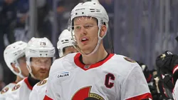 Brady Tkachuk #7 of the Ottawa Senators celebrates a goal.