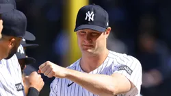 Gerrit Cole of the New York Yankees looks on prior to playing the Milwaukee Brewers.