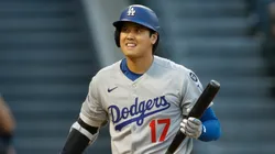 Shohei Ohtani #17 of the Los Angeles Dodgers reacts after a strike out against the Los Angeles Angels.