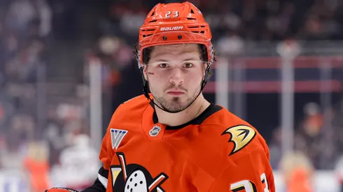 Mason McTavish #23 of the Anaheim Ducks skates during the second period of a game against the Ottawa Senators at Honda Center on December 1, 2024 in Anaheim, California.