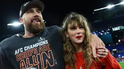 Travis Kelce #87 of the Kansas City Chiefs (L) celebrates with Taylor Swift after defeating the Baltimore Ravens in the AFC Championship Game at M&T Bank Stadium on January 28, 2024 in Baltimore, Maryland.