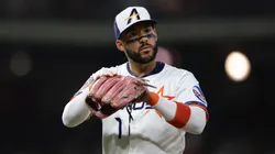 Carlos Correa #1 of the Houston Astros reacts during the fifth inning against the Boston Red Sox.