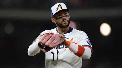 Carlos Correa #1 of the Houston Astros reacts during the fifth inning against the Boston Red Sox.