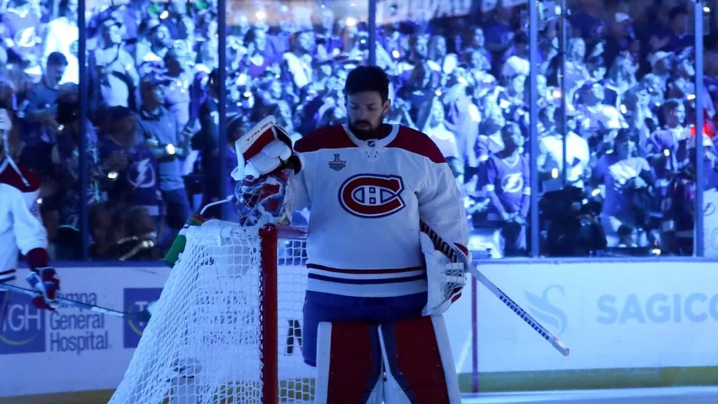 Carey Price #31 of the Montreal Canadiens looks on prior to Game Five of the 2021 NHL Stanley Cup Final against the Tampa Bay Lightning at Amalie Arena on July 07, 2021 in Tampa, Florida.
