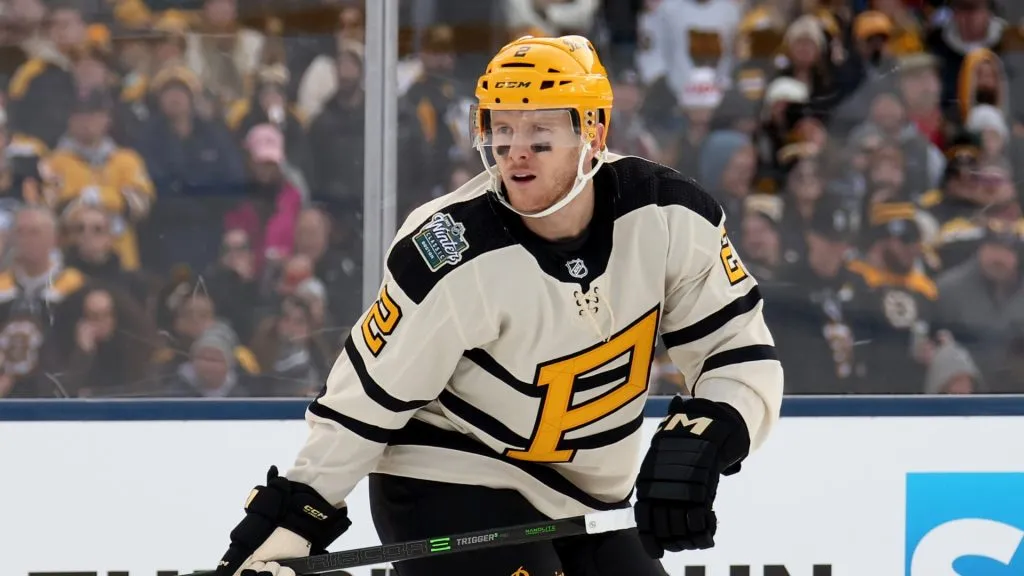 Chad Ruhwedel #2 of the Pittsburgh Penguins skates against the Boston Bruins during the first period in the 2023 Discover NHL Winter Classic at Fenway Park on January 02, 2023 in Boston, Massachusetts.