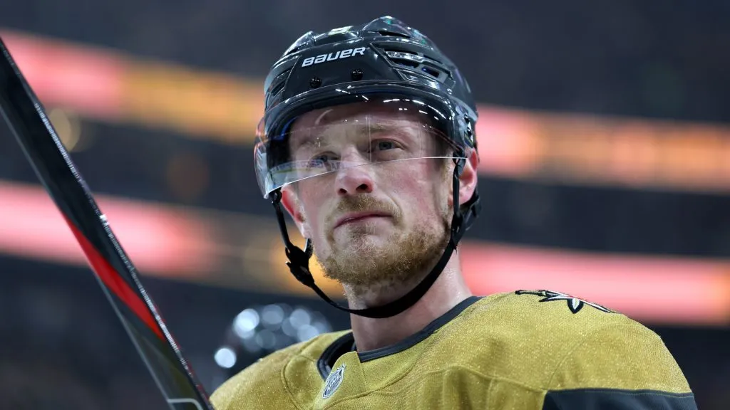 Jack Eichel #9 of the Vegas Golden Knights waits for a faceoff in the first period of Game Five of the First Round of the 2025 Stanley Cup Playoffs against the Minnesota Wild at T-Mobile Arena on April 29, 2025 in Las Vegas, Nevada.