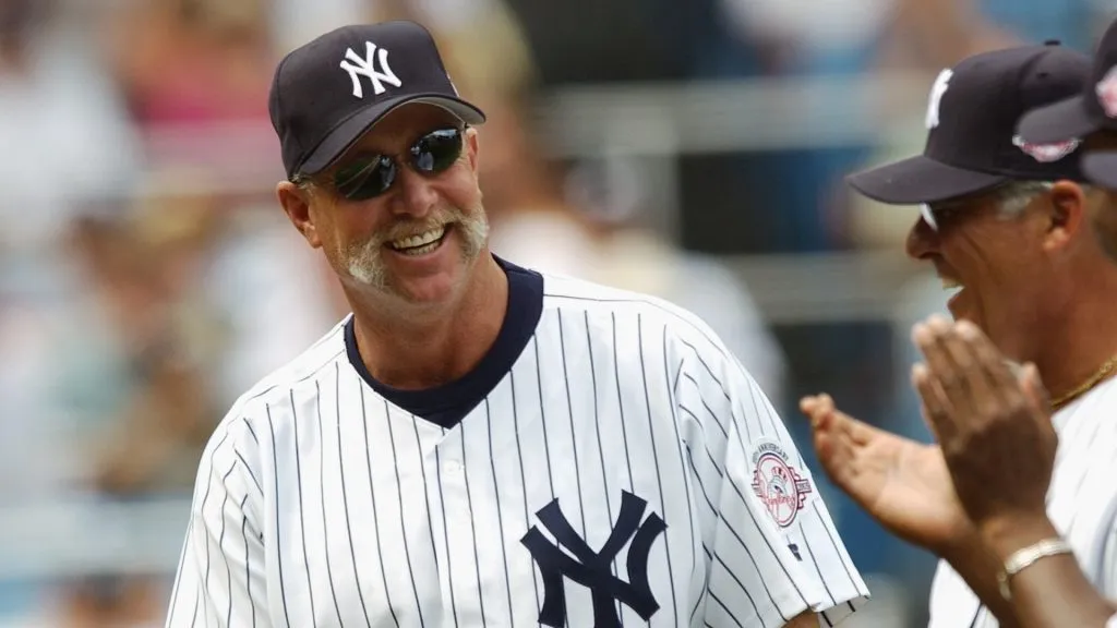 Rich Gossage is introduced to the fans during the club’s 57th Annual Old Timers’ Day festivities before the game between the Cleveland Indians and the New York Yankees in 2003. (Source: M. David Leeds/Getty Images)