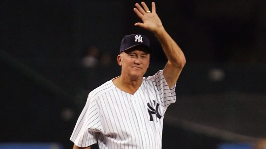 Graig Nettles waves to the crowd during pregame ceremonies prior to the start of the last regular season game between the Baltimore Orioles and the Yankees on September 21, 2008. (Source: Jim McIsaac/Getty Images)