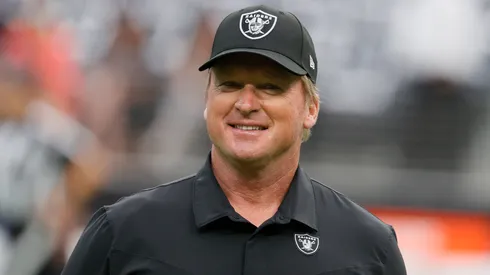 Head coach John Gruden of the Las Vegas Raiders reacts before a game against the Chicago Bears at Allegiant Stadium on October 10, 2021 in Las Vegas, Nevada.