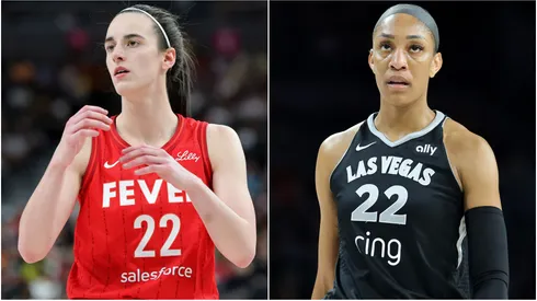 Caitlin Clark #22 of the Indiana Fever and A'ja Wilson #22 of the Las Vegas Aces.