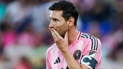 Lionel Messi #10 of Inter Miami CF with the captain's armband during the first half of the Major League Soccer match against New York Red Bulls.