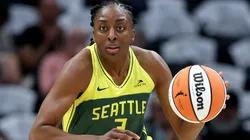 Nneka Ogwumike #3 of the Seattle Storm dribbles against the Minnesota Lynx during the first half at Climate Pledge Arena on August 05, 2025.