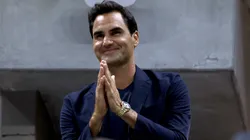 Roger Federer is recognized during the Women's Singles Quarterfinal match between Zheng Qinwen of China and Aryna Sabalenka of Belarus at the 2024 US Open.