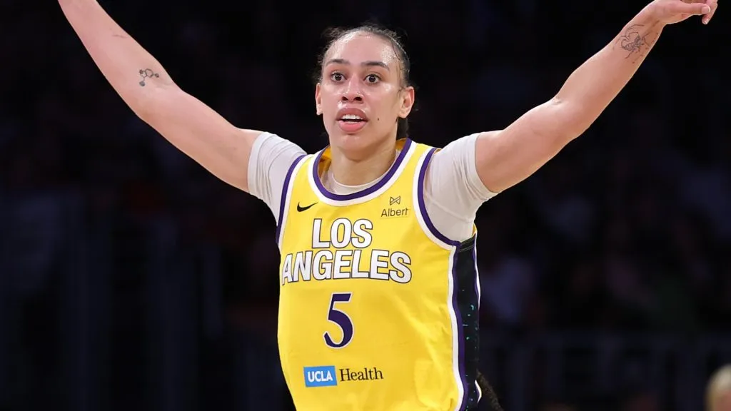 Dearica Hamby #5 of the Los Angeles Sparks reacts to during the first half of a game against the Indiana Fever at Crypto.com Arena on August 05, 2025. (Source: Sean M. Haffey/Getty Images)