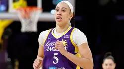 Dearica Hamby #5 of the Los Angeles Sparks on court in the first half of play against the Washington Mystics at Crypto.com Arena on July 15, 2025.