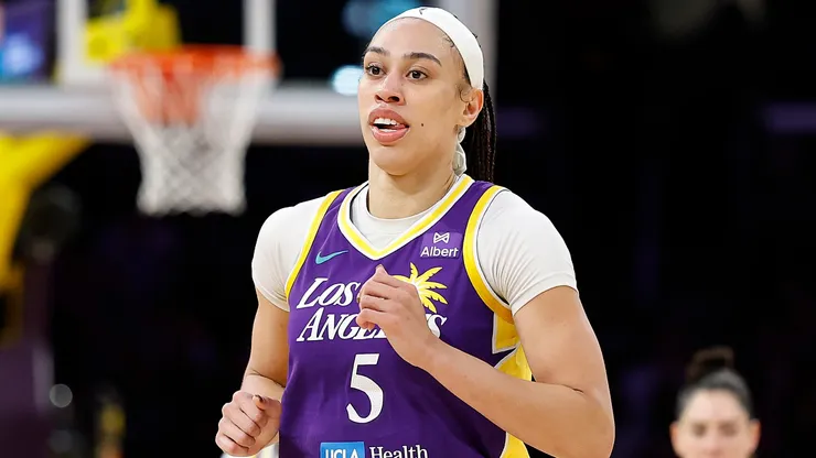 Dearica Hamby #5 of the Los Angeles Sparks on court in the first half of play against the Washington Mystics at Crypto.com Arena on July 15, 2025.