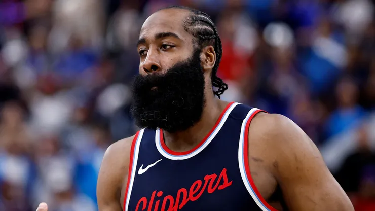 James Harden #1 of the Los Angeles Clippers reacts against the Denver Nuggets during the fourth quarter in Game Three of the Western Conference First Round NBA Playoffs.