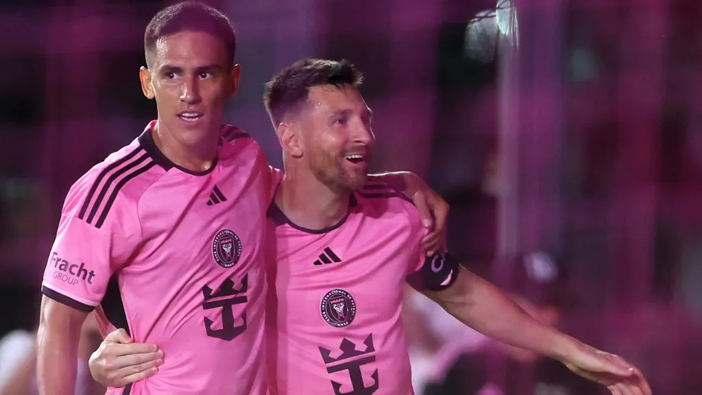 Matias Rojas #7 of the Inter Miami CF celebrates with Lionel Messi #10 after scoring his second goal in the 62nd minute against the New York Red Bulls. (Megan Briggs/Getty Images)