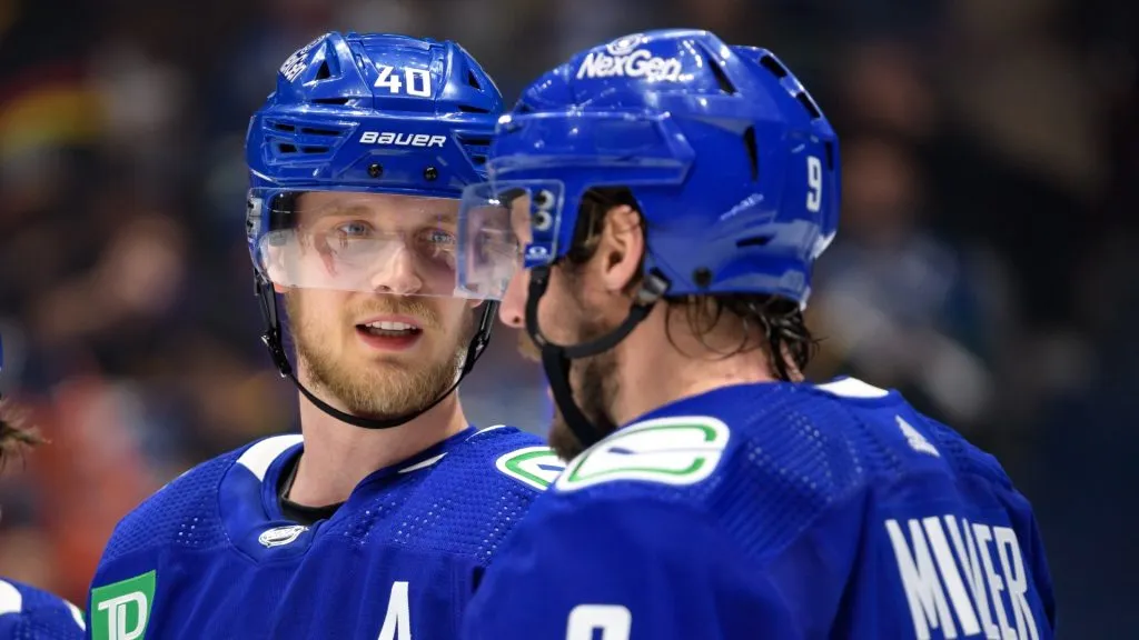 Elias Pettersson #40 talks to J.T. Miller #9 of the Vancouver Canucks during the third period in Game One of the Second Round of the 2024 Stanley Cup Playoffs against the Edmonton Oilers at Rogers Arena on May 8, 2024 in Vancouver, British Columbia, Canada. (Photo by Derek Cain/Getty Images)