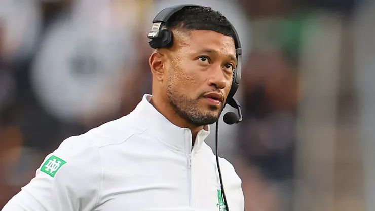 Marcus Freeman looks on vs Louisville on September 28, 2024 in South Bend, Indiana.