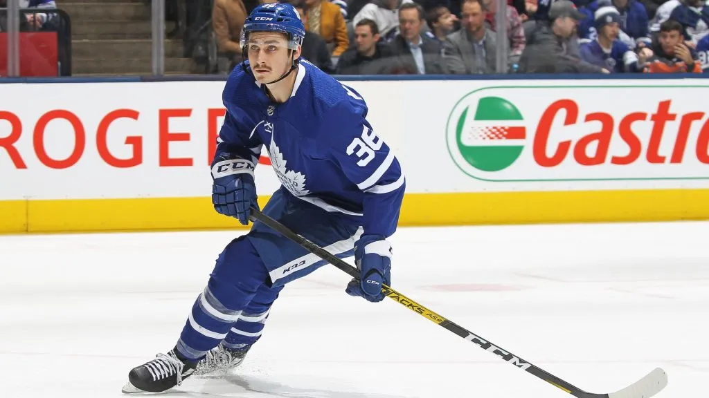 Mason Marchment #36 with the Toronto Maple Leafs skates against the Edmonton Oilers during an NHL game at Scotiabank Arena on January 6, 2020 in Toronto, Ontario, Canada. (Photo by Claus Andersen/Getty Images)